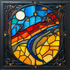 Colorful stained glass window. . Multicolored interior design template. Oil painting