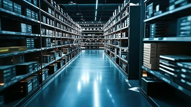 Rows of organized shelving units filled with labeled boxes in a modern warehouse, with inventory control systems displayed on digital screens