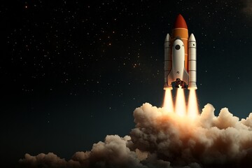 Rocket launches into the starry night sky, igniting clouds with powerful flames and excitement