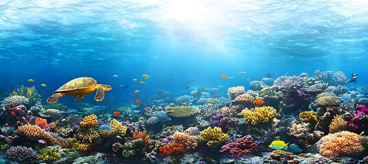 Naklejka premium A vibrant coral reef teeming with life, with colorful fish darting among the corals, a sea turtle gliding by, and sunlight filtering through the water above