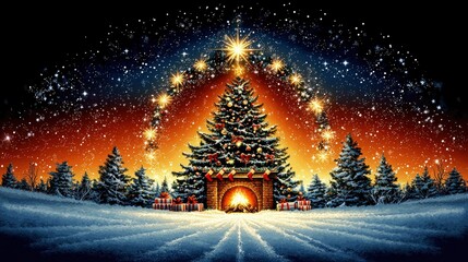 Obraz premium Magical Christmas Eve Festive Winter Wonderland with Sparkling Starry Night and Christmas Tree