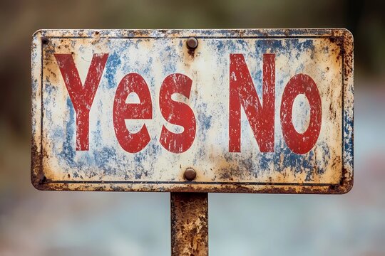 Vintage Yes No Sign with Rusty Texture, Symbolizing Dilemma and Decision Making, Close-Up View of Weathered Metal Surface, Red and White Letters, Outdoor Background, Business and Choice Concept