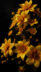 Fototapeta premium Yellow Dahlia on Dark. Dramatic close-up, striking floral portrait, beauty, detail of bloom, nature, botanical, rich color