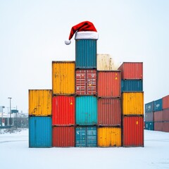 Fototapeta premium Christmas celebration with cargo containers industrial yard photography winter wonderland aerial view festive spirit