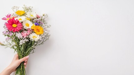 Fototapeta premium A stylish hand offering a bouquet of mixed flowers, positioned on a clean white background with space for text