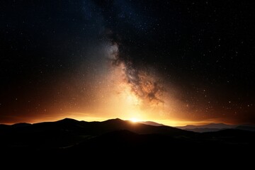 Majestic sunrise over mountains with a stunning view of the Milky Way galaxy above the horizon