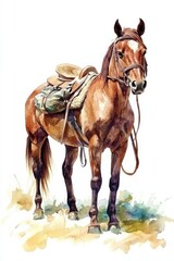 National Horse Protection Day Majestic saddled horse watercolor illustration for vintage decor