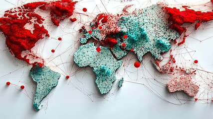 A colorful D world map with translucent layers, red pins popping out, and interwoven lines showing the complexity of spatial connections