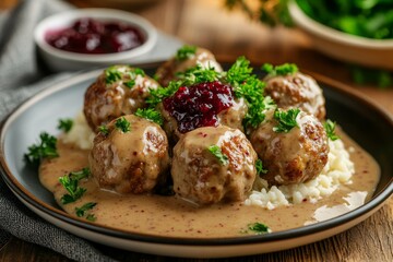 Fototapeta premium Swedish Meatballs with Creamy Sauce and Mashed Potatoes