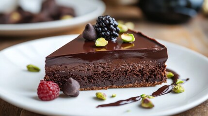 National Chocolate Mousse Day Decadent chocolate cake slice with fresh berries and pistachios for gourmet dessert inspiration