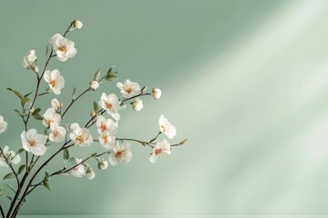 Elegant branch of blossoming white flowers against a soft green background creating a serene atmosphere