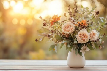 Beautiful bouquet of flowers in a vase illuminated by golden hour sunlight in a serene garden setting © c80