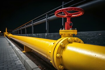 A close-up view of a bright yellow industrial gas pipeline with a red valve, surrounded by an outdoor industrial environment
