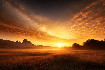 Fototapeta premium Sunrise over the serene landscape with golden clouds and distant mountains