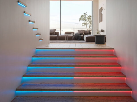Interior moderno con escaleras LED inteligentes &uacute;nicas en azul y rojo
