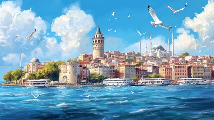 Obraz premium Oil painting artistic image of istanbul bosphorus bridge, maiden's tower, galata tower, seagull, istanbul sea, mosque panoramic skyline