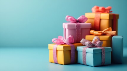 Colorful gift boxes with ribbons arranged on a blue background.