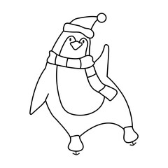 A fun coloring page with Christmas penguin wearing ice skates. Black and white fun arctic bird.