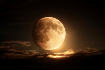 Celestial event showcasing a large golden moon rising over dark clouds during nighttime