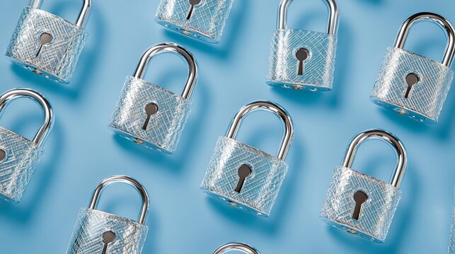 Futuristic cyber security vector illustration. Data security scanning. Wireframe locks on blue background. Padlock technology, cybersecurity, and digital encryption.