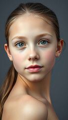 Closeup portrait of beautiful young girl with smooth clear skin and without makeup looking at camera with tenderness over grey background. Concept of natural beauty, simple style, with white tones