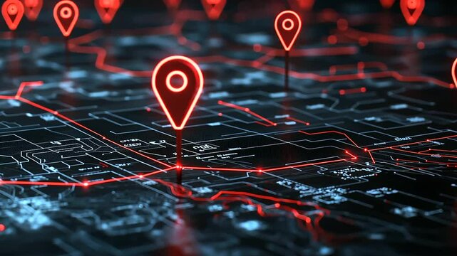 A vibrant D map featuring glowing red location pins connected by dynamic network lines, representing GIS mapping and spatial data visualization