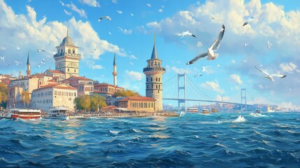 Naklejka premium Oil painting artistic image of istanbul bosphorus bridge, maiden's tower, galata tower, seagull, istanbul sea, mosque panoramic skyline