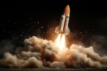 Rocket launches into the night sky with powerful flames and billowing smoke