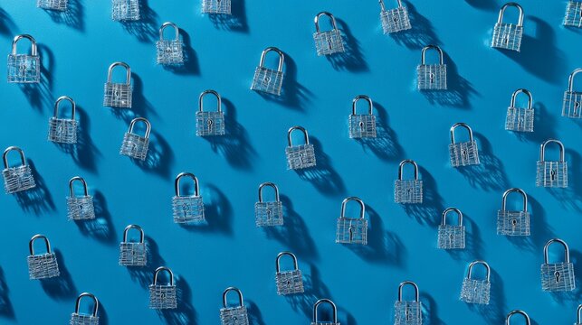Futuristic cyber security vector illustration. Data security scanning. Wireframe locks on blue background. Padlock technology, cybersecurity, and digital encryption.