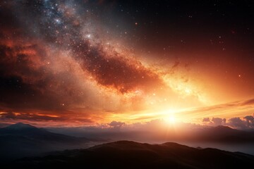 Fototapeta premium Vibrant cosmic landscape at sunrise with swirling galaxies and glowing clouds above mountain silhouettes