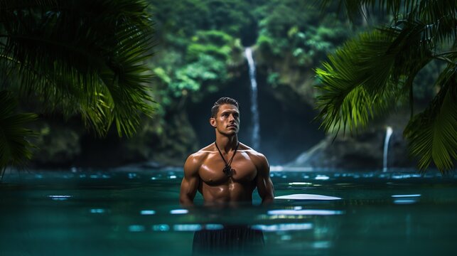A handsome guy with a model appearance poses very beautifully for the camera in an exotic forest in the water without a T-shirt with a bare muscular torso! It's a very beautiful poster.