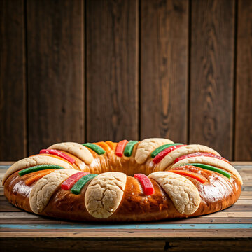 A Rosca de Reyes, a traditional Mexican Epiphany bread, sits on a rustic wooden table