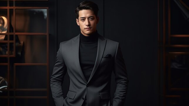 Realistic photo of high quality and with high elaboration. A young Korean fashion designer, embodying style and elegance, in his author's image
