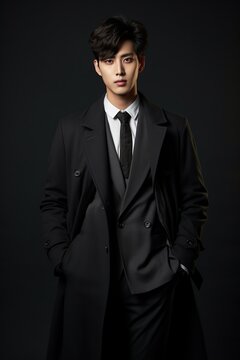 Realistic photo of high quality and with high elaboration. A young Korean fashion designer, embodying style and elegance, in his author's image