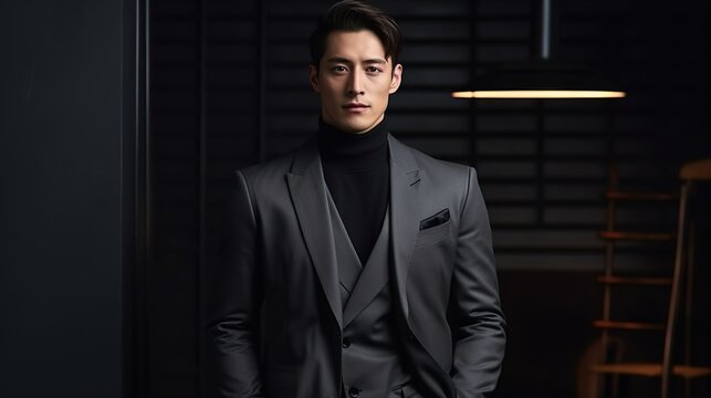 Realistic photo of high quality and with high elaboration. A young Korean fashion designer, embodying style and elegance, in his author's image