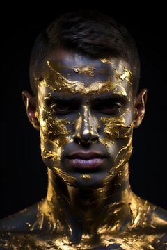 a handsome guy with a model appearance poses very beautifully for the camera in gold paint, like a golden man, or in golden clothes