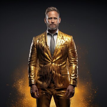 a handsome guy with a model appearance poses very beautifully for the camera in gold paint, like a golden man, or in golden clothes