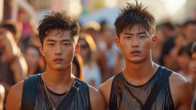 Realistic photo: two handsome Mongolian twin brothers, 21 years old, with impressive athletic physiques, make a stylish appearance in an office setting 