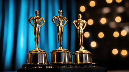 Three golden Oscar statues elegantly displayed on a pedestal