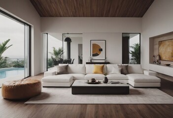 Fototapeta premium A cozy living room that features white furniture along with a flat screen TV