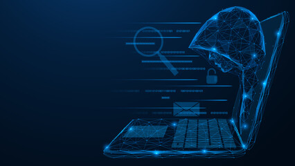 Hacker data theft. A hooded man watches from a laptop screen. Polygonal design of interconnected lines and dots. Blue background.