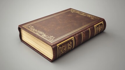 Obraz premium Book spine and cover mockup, blank volume in classic style with brown hardcover and golden decorative elements. Bestseller publication, library or store novelty isolated realistic 3d vector mock up