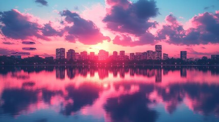 Fototapeta premium A vibrant sunset over a city skyline reflected in calm water, creating a serene atmosphere.