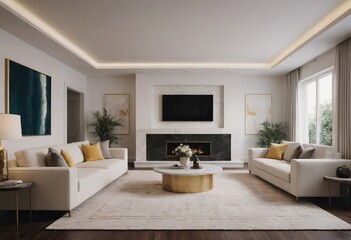 A cozy living room that features white furniture along with a flat screen TV