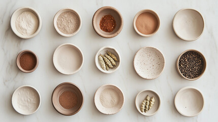 A modern flatlay featuring a mix of ground and whole spices, such as chili powder, cardamom pods, and cumin seeds, displayed in small, minimalist ceramic dishes. The dishes are eve