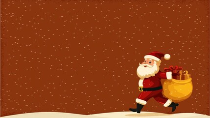 Jolly Santa Claus Carrying a Bag of Gifts on a Snowy Brown Background