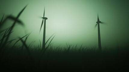 Obraz premium Clean energy concept with wind turbines in misty landscape