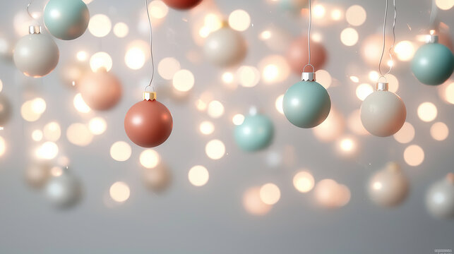 Glowing spheres of colorful festive lights, with hues of red, green, and blue, float gracefully in the foreground. The blurred background in neutral gray tones highlights their bri