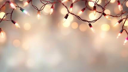 Glowing dots of colorful festive lights hover in the foreground, their brilliance emphasized against a muted, blurred gradient background of earthy grays and browns. The macro pers