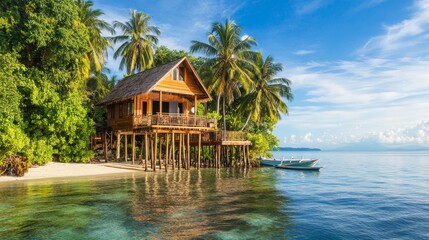 Obraz premium Beach hut or bungalow on tropical island resort, summer shack, wooden house on piles with terrace, palm trees and ocean landscape. Wooden private cottage with thatch roof Cartoon vector illustration